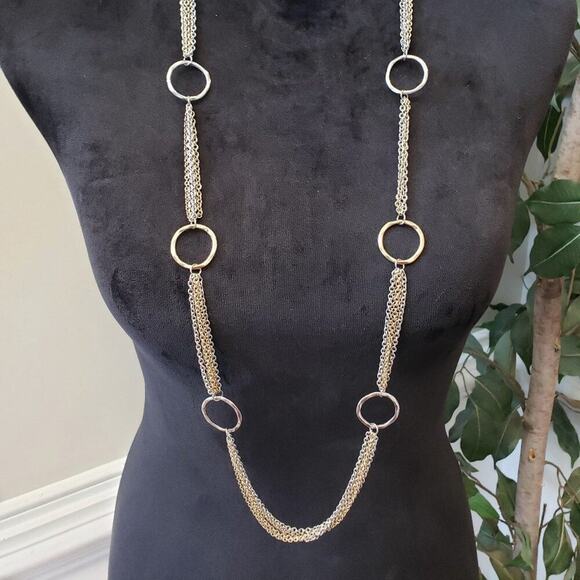 Womens Gold Silver Ring Station Multi-Chain Long Necklace with Lobster Clasp - Picture 1 of 6